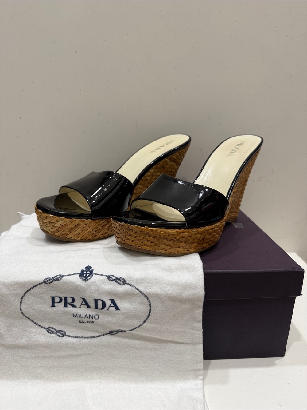 Authentic Prada Black Patent Leather Woven Platform Wedge Slides